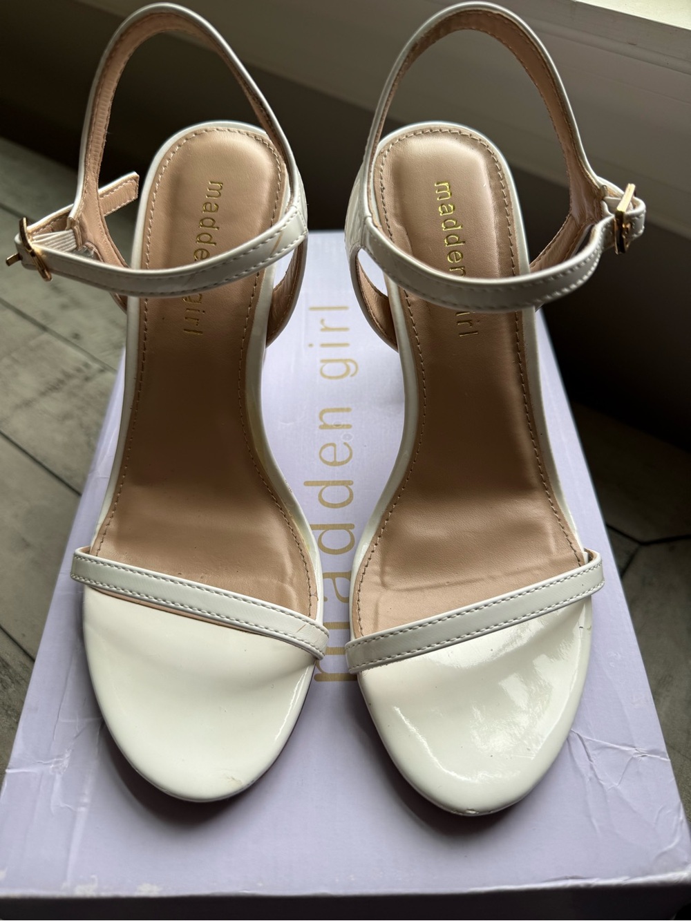 Madden Girl White Patent Ankle-Strap Sandals. Size 5 1/2.